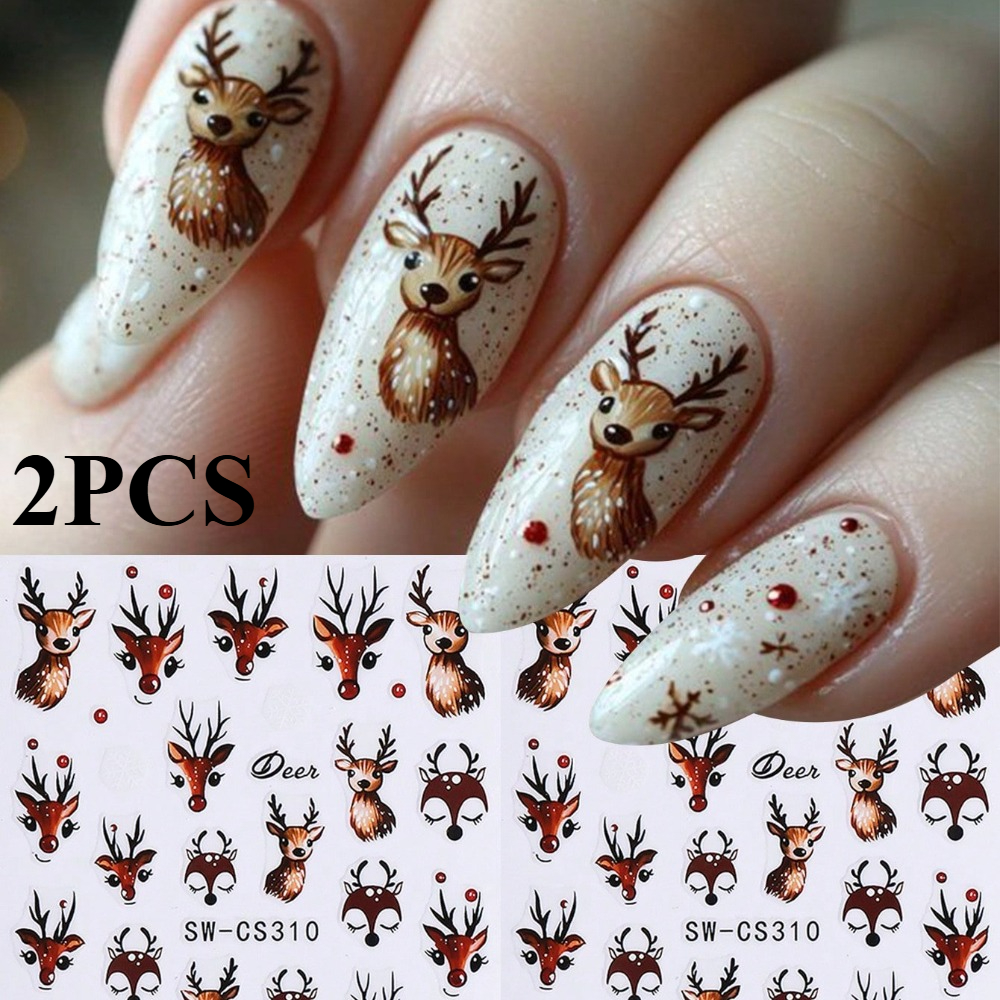 2pcs Cute Elk Nail Stickers Christmas Cartoon Deer Head Pattern Self-adhesive Decals Winter Nail Art Decorations Nail Additions Suitable For Women Home Holiday Designs
