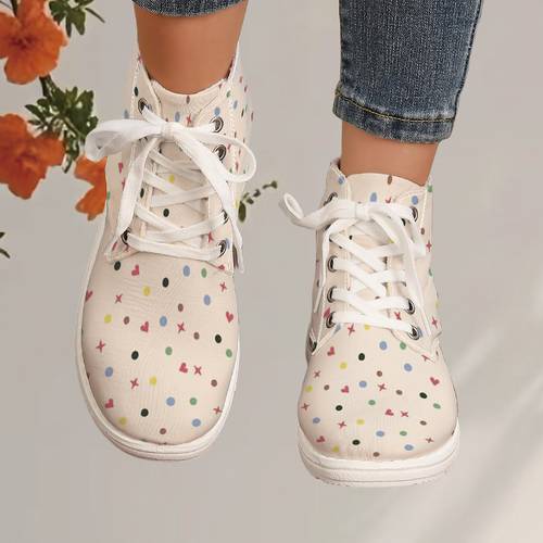 neue ganzjahres-flachschuhe mit buntem polka-dot-/herzförmigem 2d-druck, modische high-top-freizeitschuhe, leicht, bequem vielseitig, damenschuhe