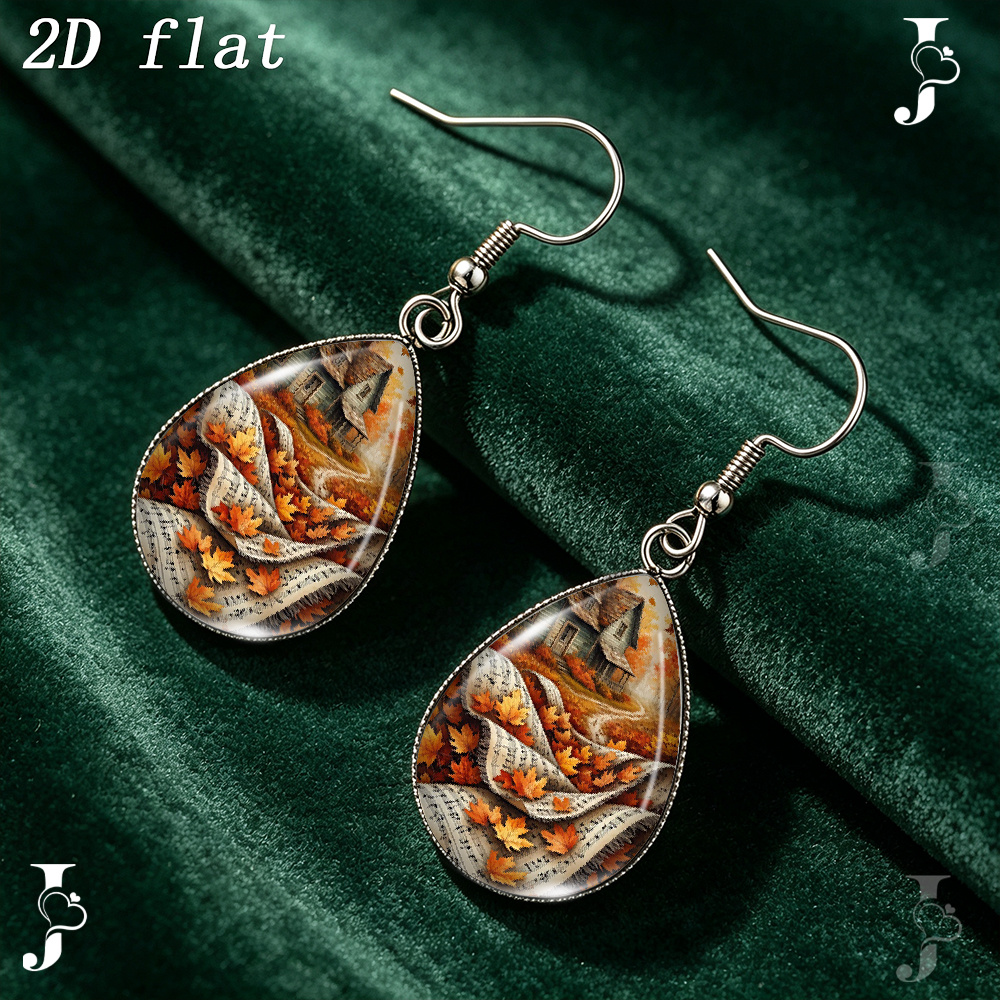 Teardrop Dangle Earrings with Autumn Maple Leaves Pattern