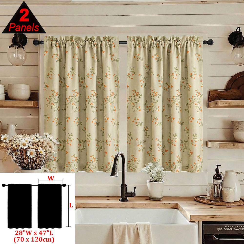 TEMU 2pcs Set: European Country Floral Kitchen Blackout Curtains, A Pair Of Small Curtains Featuring Exquisite Patterns, Fade-resistant, With A Rod