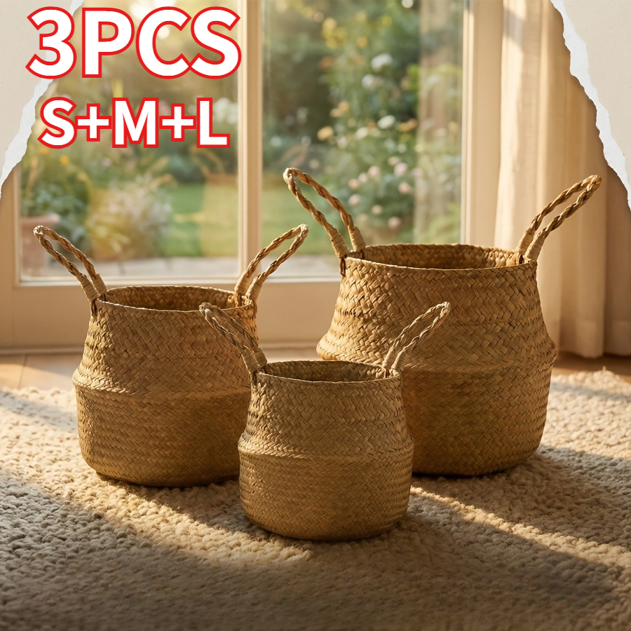 TEMU 3pcs [23cm 26cm 28cm] Household Circular Handle Storage Basket, Large Capacity Storage Basket, Multifunctional Foldable Storage Basket. Living