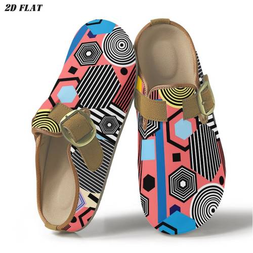 item picture vibrant retro geometric pattern womens clogs and mules abstract print on pink base with circles and striped shapes in multiple sizes stylish casual shoes for daily wear and indoor outdoor activities women shoes