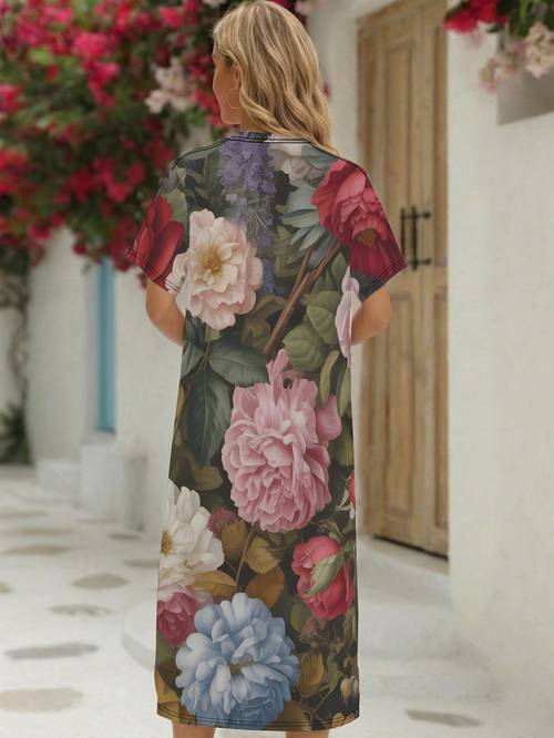 romantic dark floral tapestry womens crew neck t shirt dress