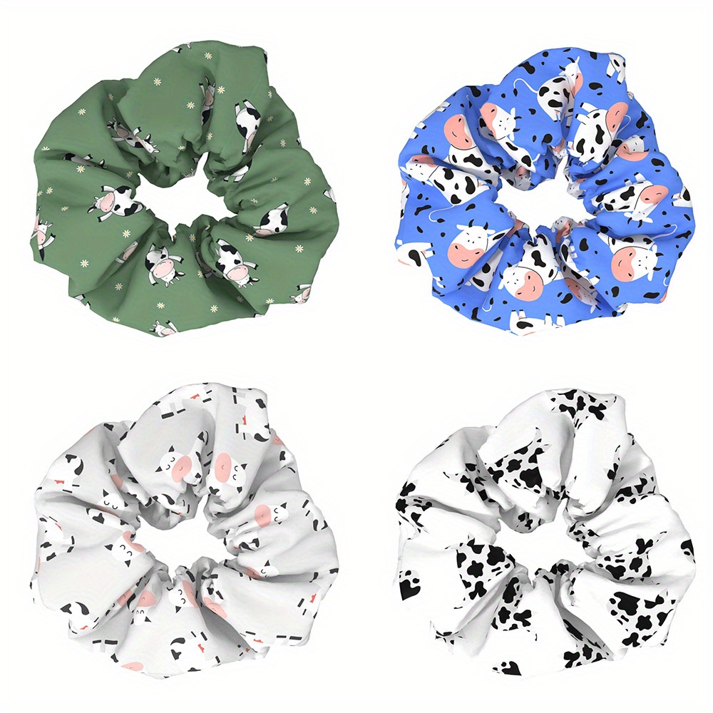 TEMU 4pcs Of Cow-themed Animal Hair Ties For Women, Fabric Scrunchies, And Decorative Hair Additions, Perfect As Gifts