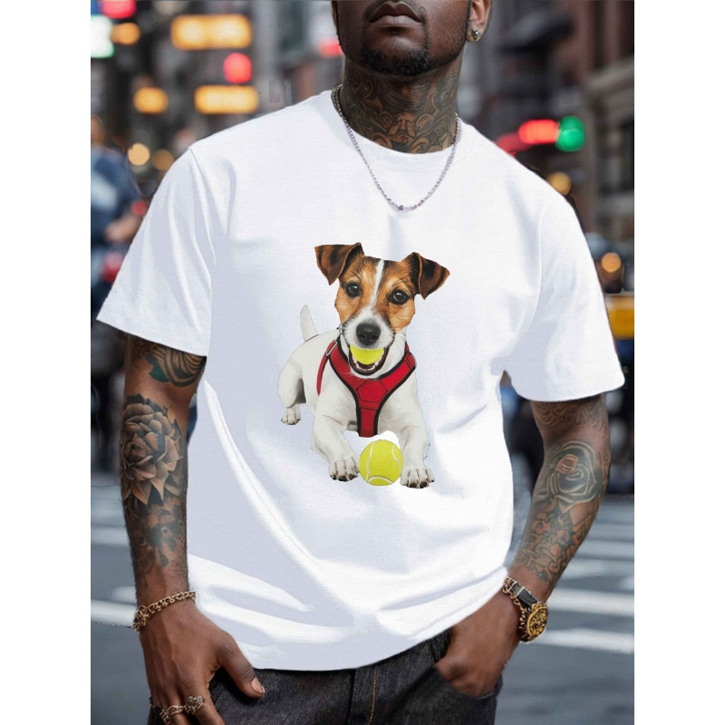 

Men's Polyester Crew Neck T-shirt, Casual Knit Fabric Top With Stretch, Regular Fit, With Jack Terrier Graphic, For Summer Tee