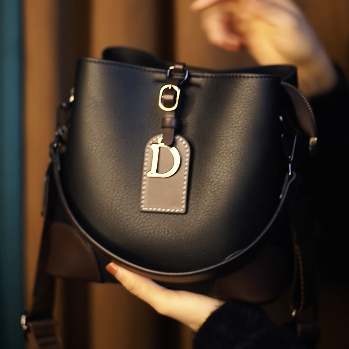 Stylish Women's Bucket Bag - Casual Crossbody, Compact Design with Golden Accents, Black/Brown, Adjustable & Detachable Strap for Everyday Use