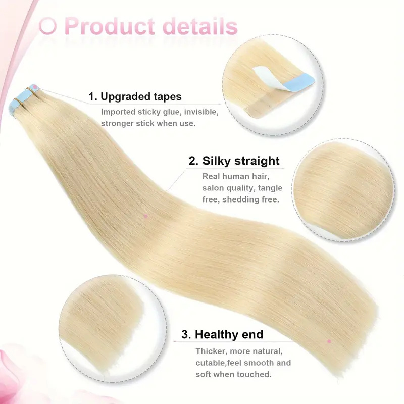 Image of Real Human Hair Extensions For Women - Seamless , Invisible Adhesive, 20pcs, 50 Grams - Durable Hair With Look, Thicker Ends, And -free - Suitable For Everyone