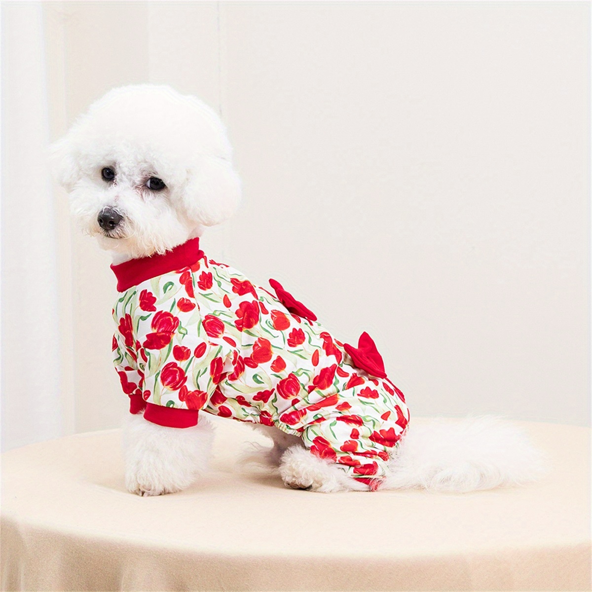 Small Dog Romper Outfit Cute Red Floral Roses) Green Leaves Pattern,  Slip-on Puppy Costume, Machine Washable for Chihuahua, Yorkie, Bichon Frise