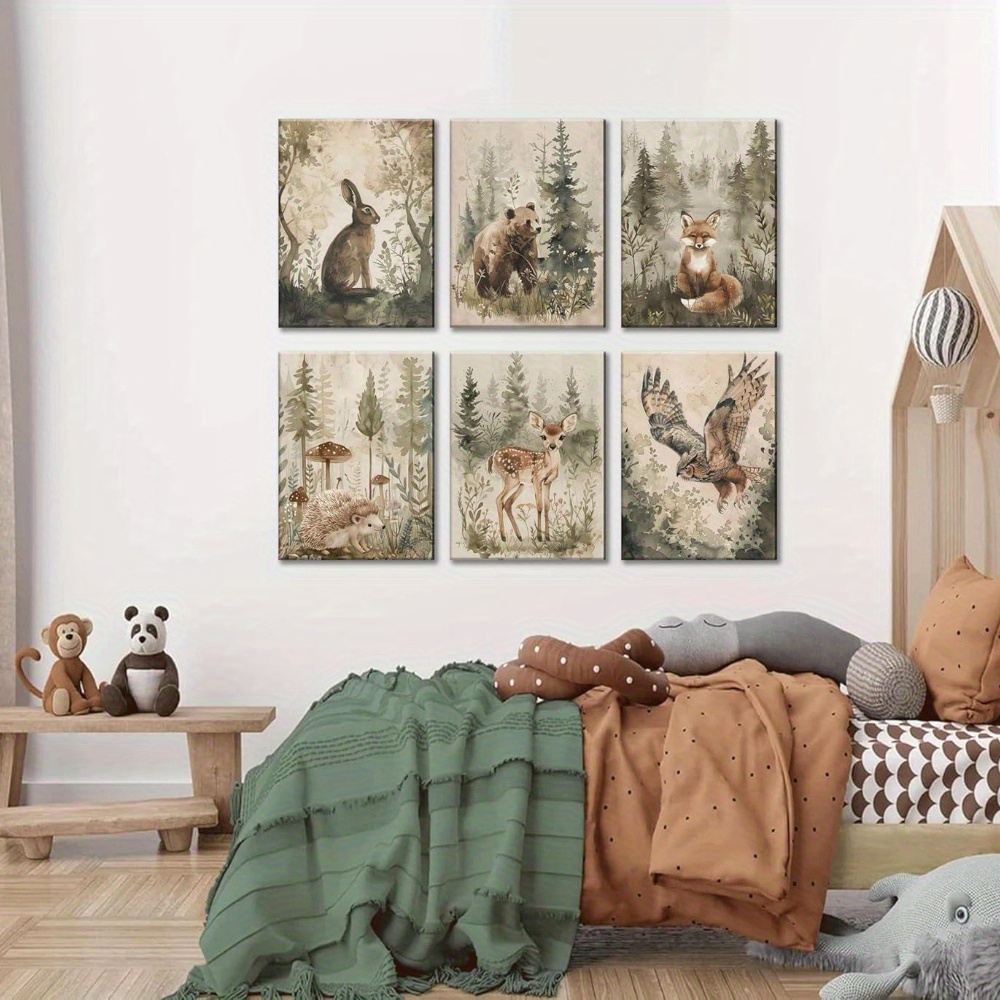 6pcs No frame Woodland Nursery Canvas Wall Art Neutral Vintage Cottagecore  Forest Animals Natural Landscape Watercolor Painting Picture Wall De