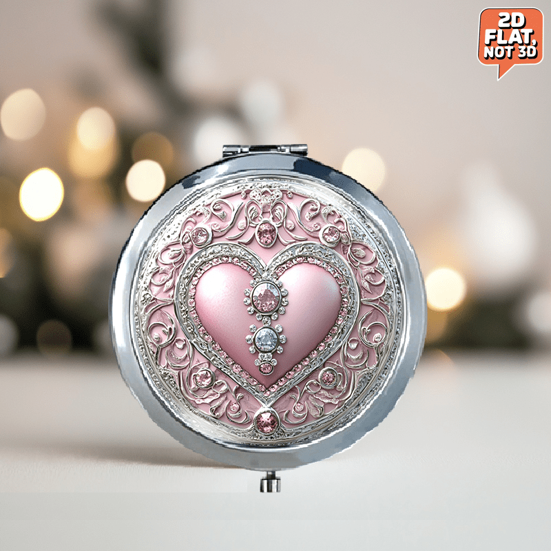 TEMU A Single Piece Of A Two-dimensional, Portable, Foldable Round Makeup Mirror With A Pink And Silvery Heart Motif, With Glittering Gems, Ideal For