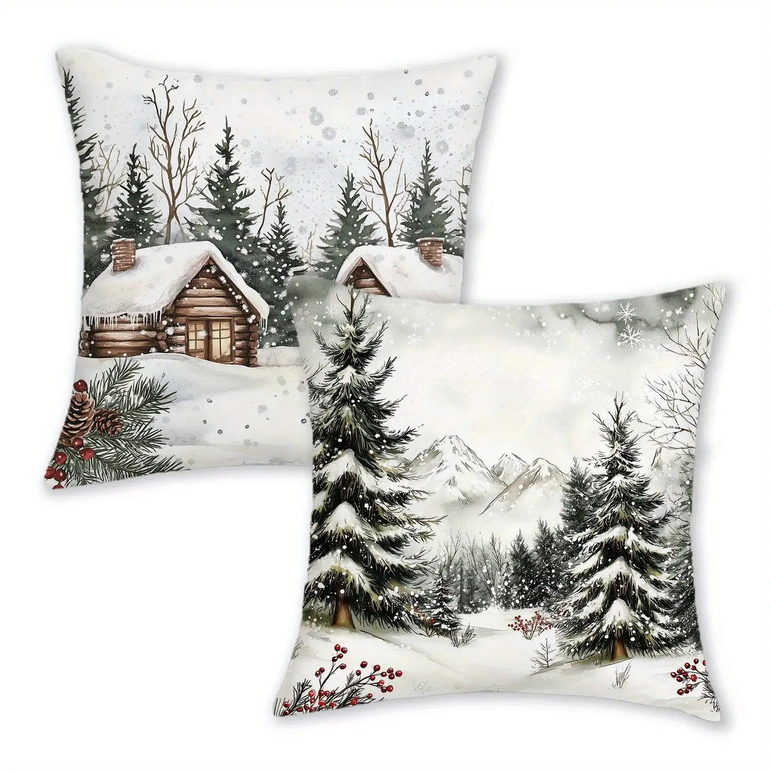 TEMU Set Of 2, Cozy Winter Christmas Pillow Covers Featuring A Design Of Snow-covered Pine Trees And Mountain Scenery, Made Of Soft Short Plush