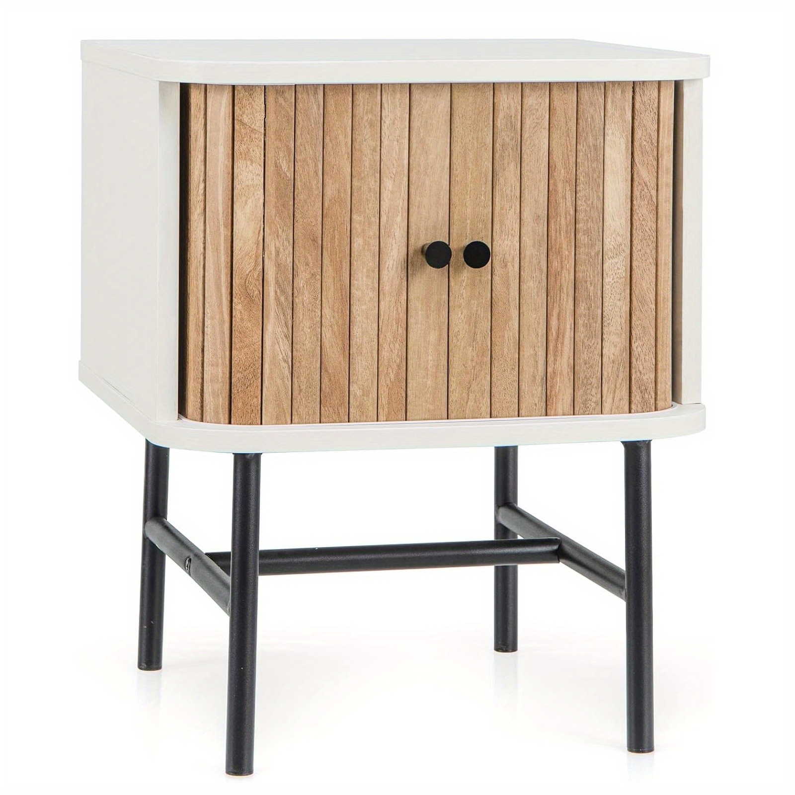 Image of Nightstand With Sliding Doors, Mid-century Modern Bedside Table With Storage Cabinet, Floor Side Table With Metal Legs