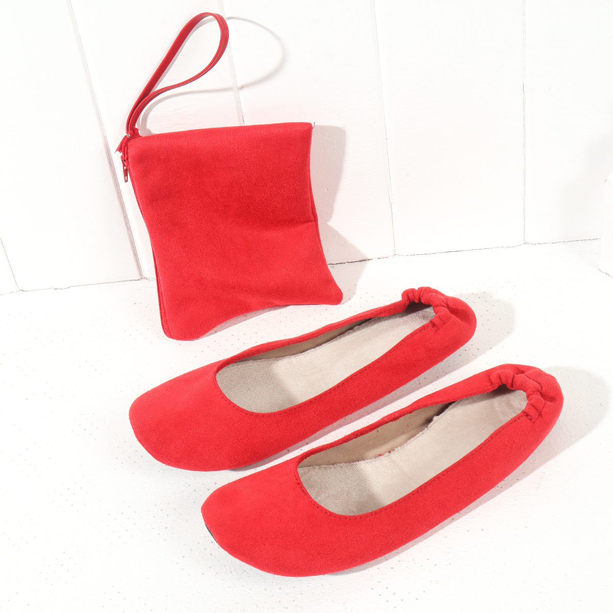 Women's Lightweight Foldable Ballet Flats with Free Matching Handbag  Vibrant Red Soft Fabric Slip-On Shoes, Comfortable TPR Sole for