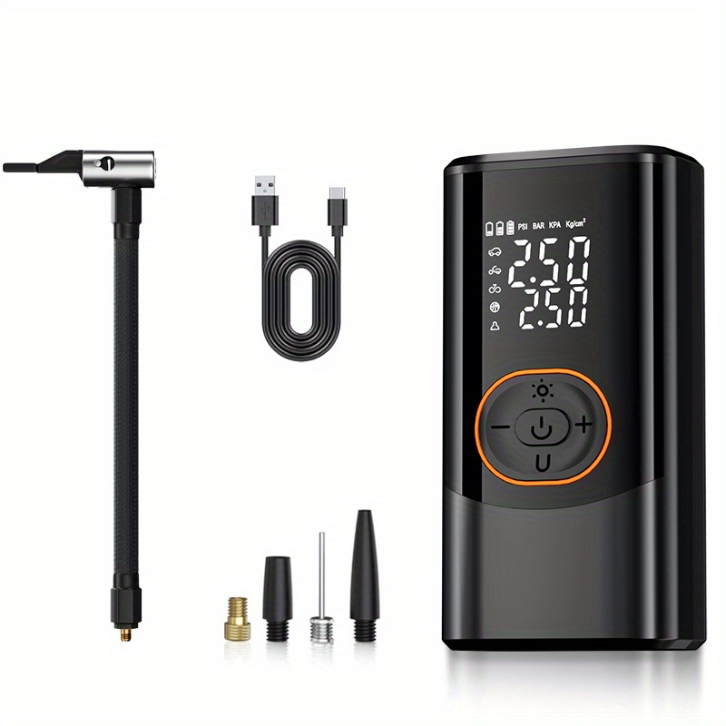 E-shop Portabler Kompressor mit digitalem Manometer, 150 psi, wiederaufladbare Batterie, LED-Licht, kabellose Reifenpumpe für Autos, Motorräder,