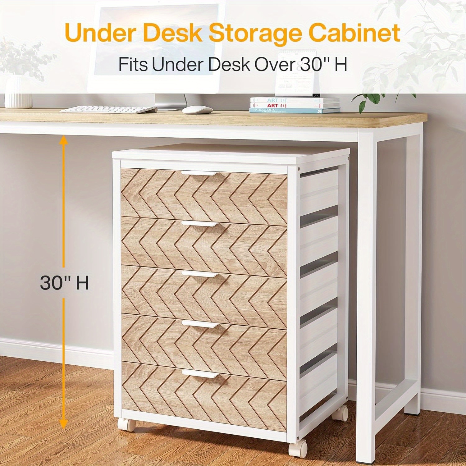 5-Drawer Beige & White Wood Mobile File Cabinet, Industrial Rolling Printer Stand with Herringbone Pattern for Home Office Storage, Durable Engineered Wood Design