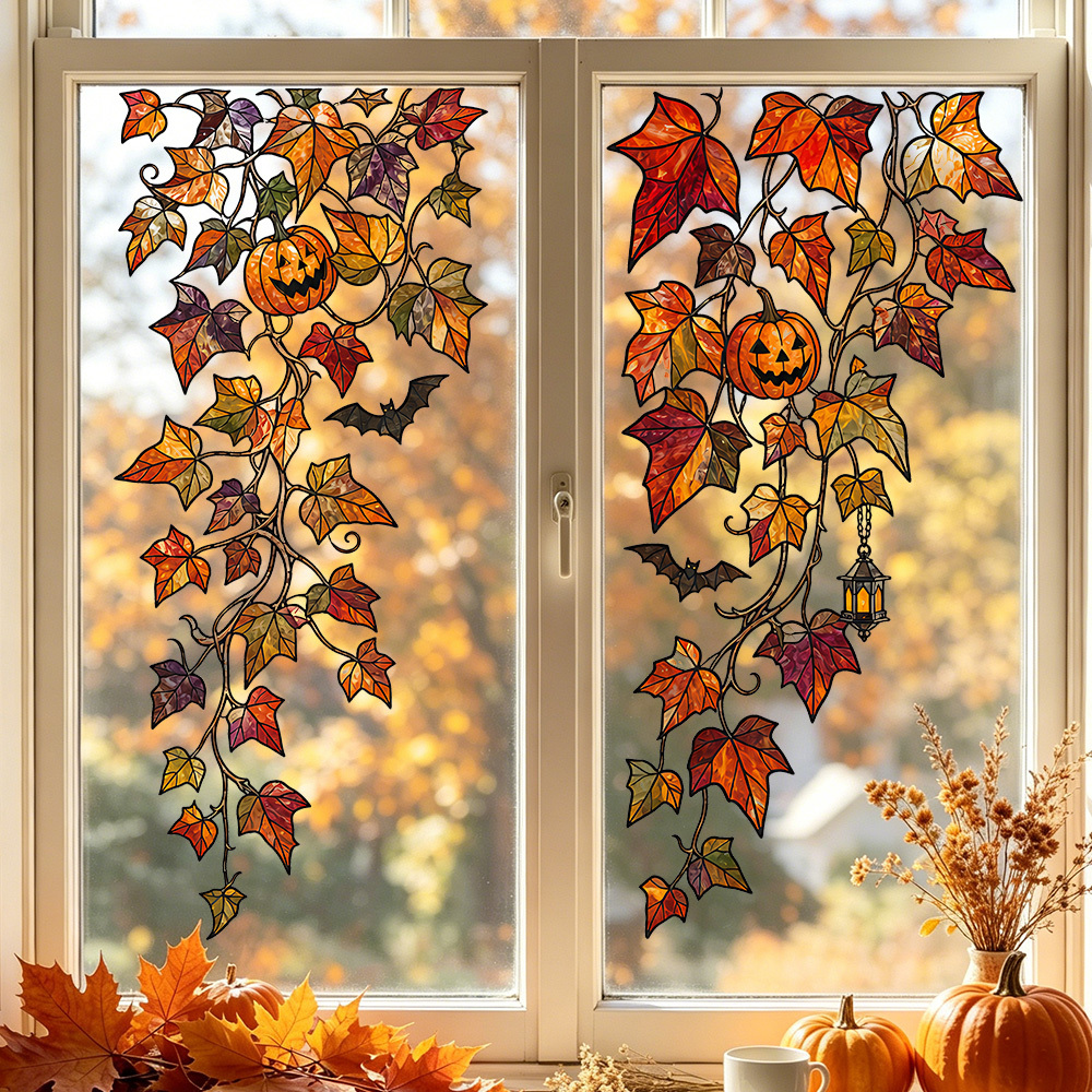TEMU 2pcs Painted Pumpkin Glass Halloween Window Stickers, Double-sided Printed Hanging , Pumpkin Static Stickers, No Glue Easy To Tear And Reuse Pvc