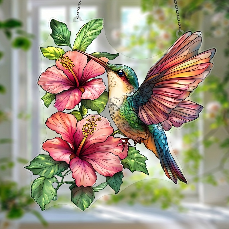 

2d Flat... Hummingbird And Hibiscus Flower Sun - 9"x9" Colorful Glass Window Ornament, Suitable For Home, Garden And Cottage - Ideal Birthday Or Housewarming Gift, For Mom, Sister, Women