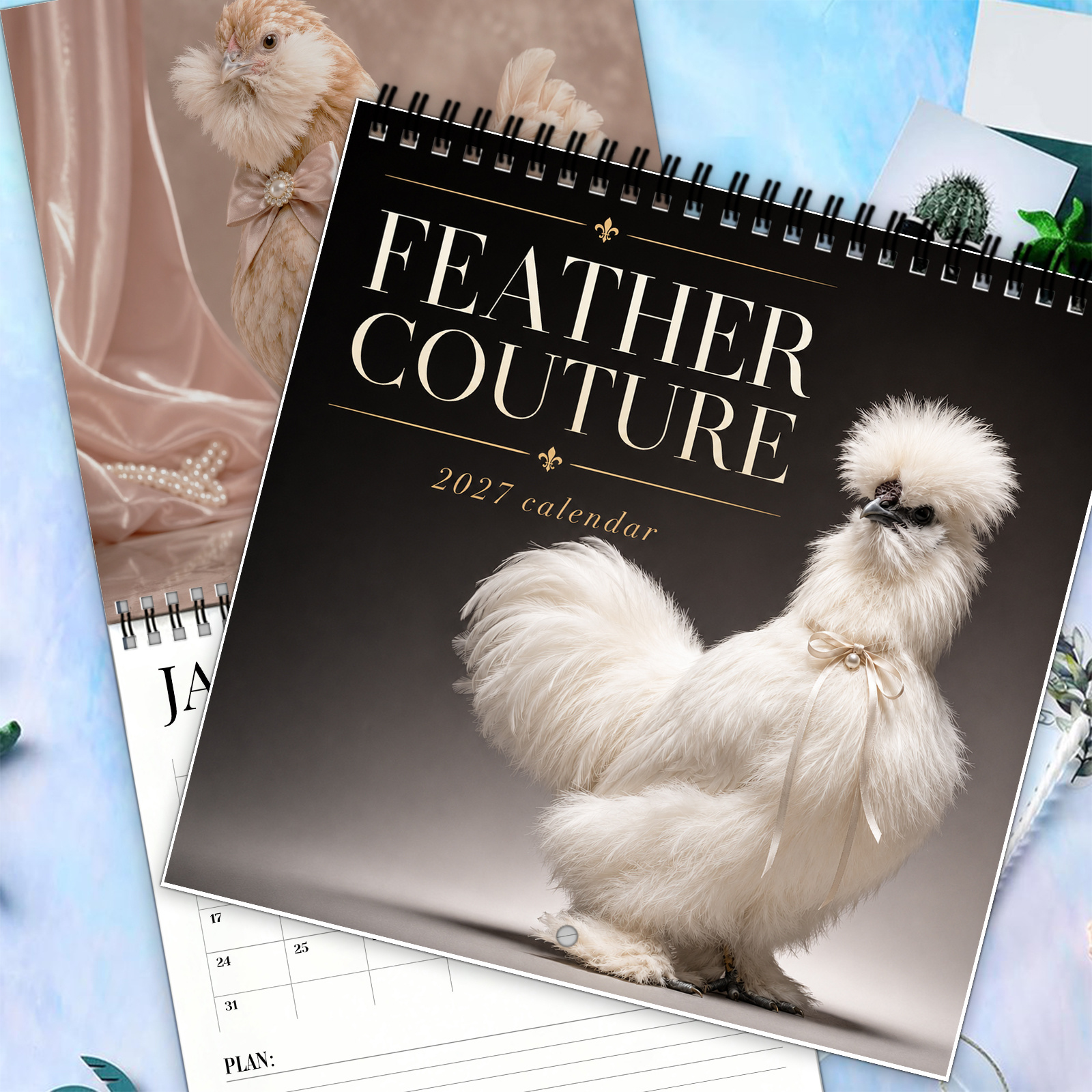 TEMU 1pc Calendrier mural Couture Plumes 2027, Photographie de mode de poule et de coq élégants avec des photos de bijoux de perles et de nœuds de ,
