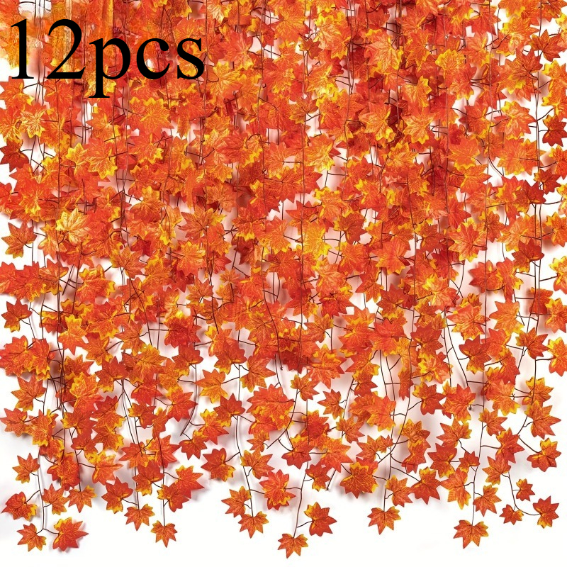 Image of 12pcs Vibrant Autumn Vine - Realistic Plastic Fall Tree Leaves, Perfect For Thanksgiving And Halloween Decor, Multi-functional For Indoor/outdoor Use, No Power Required, Home Autumn Decor
