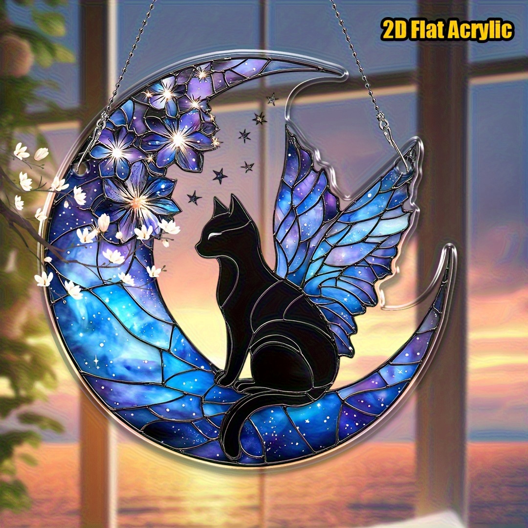 TEMU 2d Flat, 2d Flat Moon Cat Acrylic Dreamcatcher Ornament, 15cm X 5.91 Inches, Holiday Wreath, For Windows, Doors, Walls, Birthdays, Retirement,