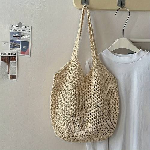 Women s Vintage Hollowed Crochet Beach Tote Bag - Large Capacity Adjustable Shoulder Bag with Stretch Handles, Durable Polyester, Machine Washable, Mixed Colors for Summer Pool, Beach, Casual , Beach Bag, Texture, Intricate