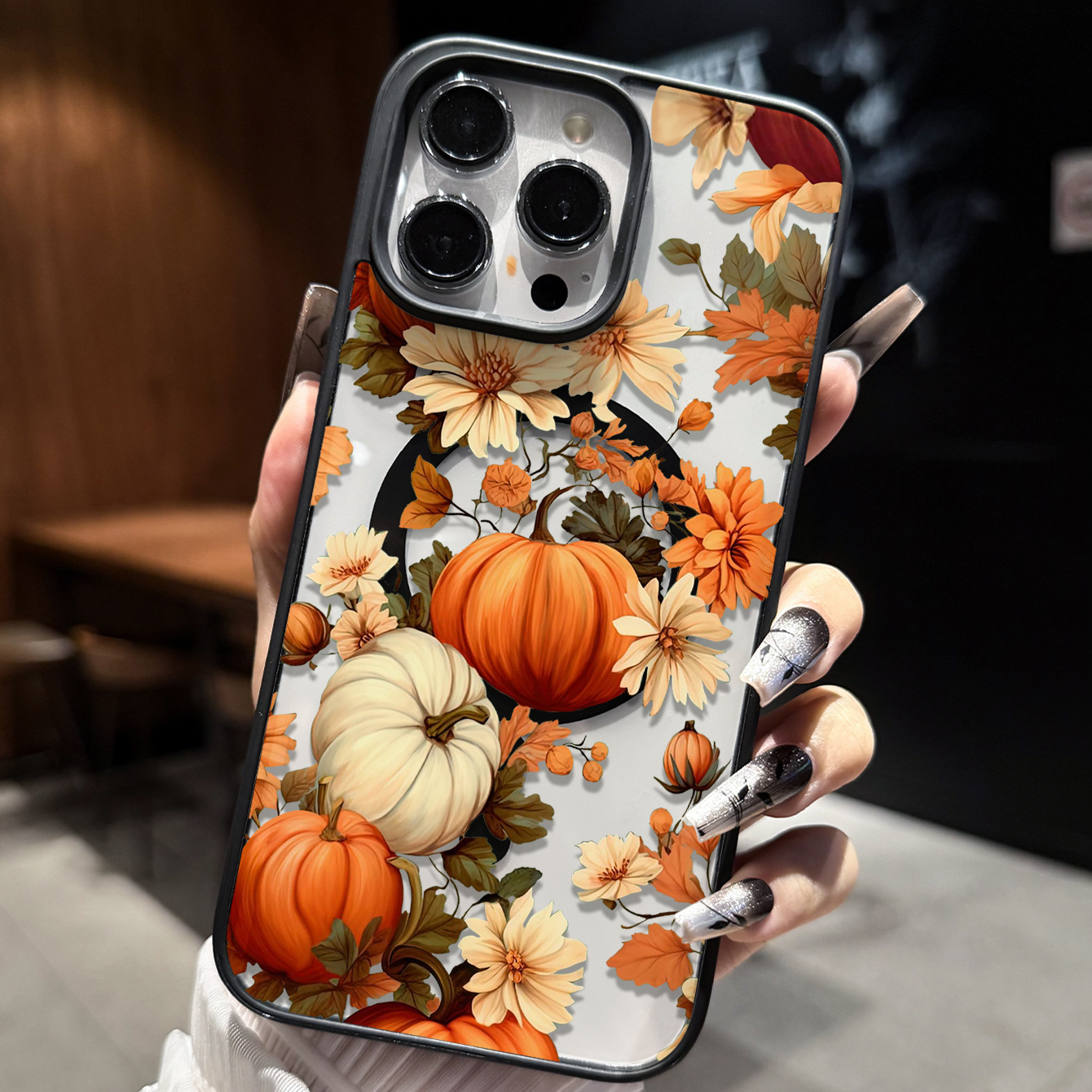 TEMU Phone Case: Halloween Themed Acrylic Glossy Phone Case For Iphone 16 Pro Max/15 Pro/14 Plus/13/12/11, Autumn Series With Pumpkin And Floral