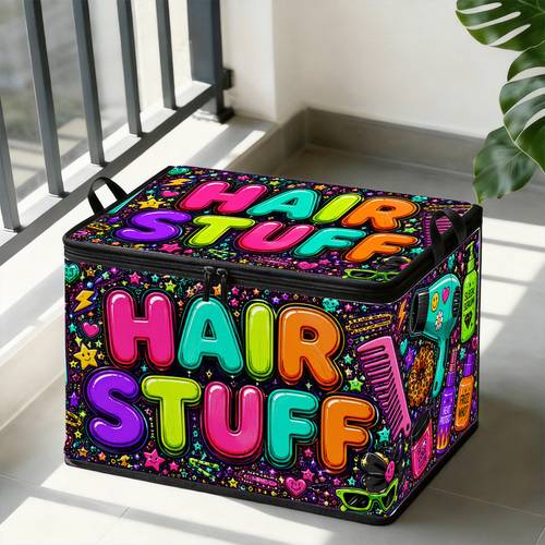 item picture 1pc large foldable zipper storage box personalized 2d colorful hair styling graffiti pattern style vibrant trendy element print ideal for travel and packing clothing pants and bedding