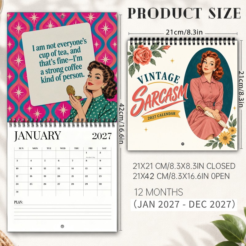 TEMU 2027 Vintage Sarcasm Quotes Wall Calendar - Spiral-bound Hanging Planner With Retro Women' Humorous Daily Sayings, Thick Paper Suitable For ,