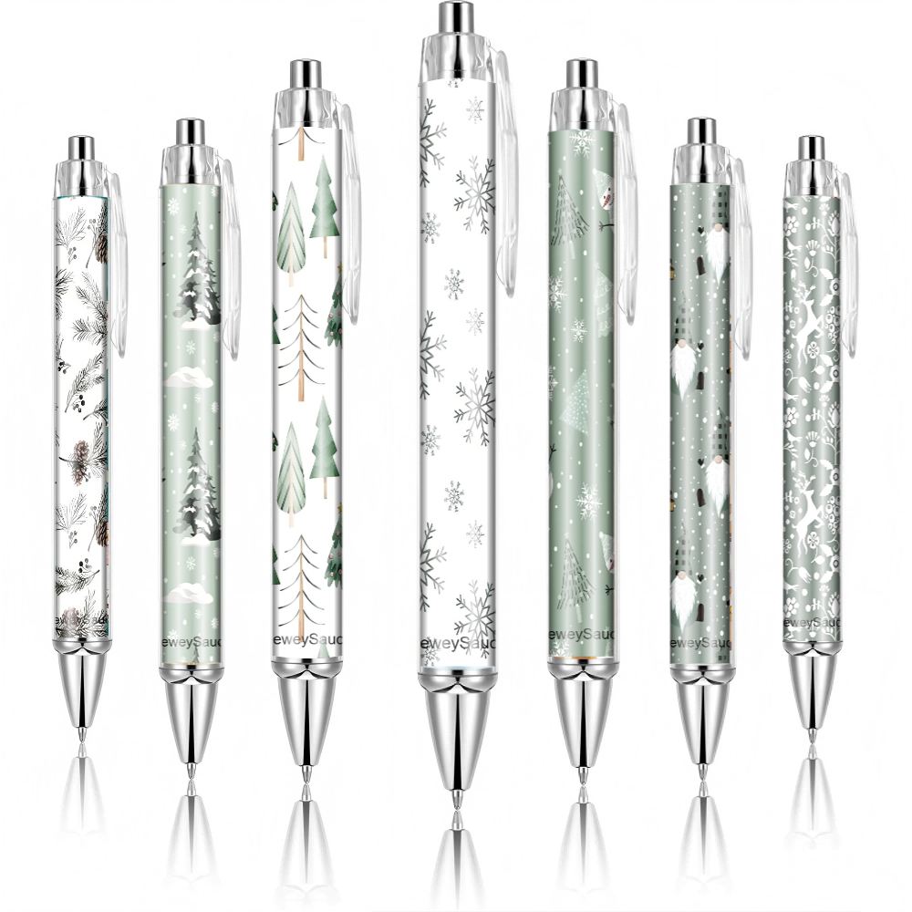 Image of 7pcs Christmas Gray-green Snowman Gift Ballpoint Pen Set, Click-type Smooth Writing Pens, Suitable For Christmas, Winter, Wedding, And Party Gifts