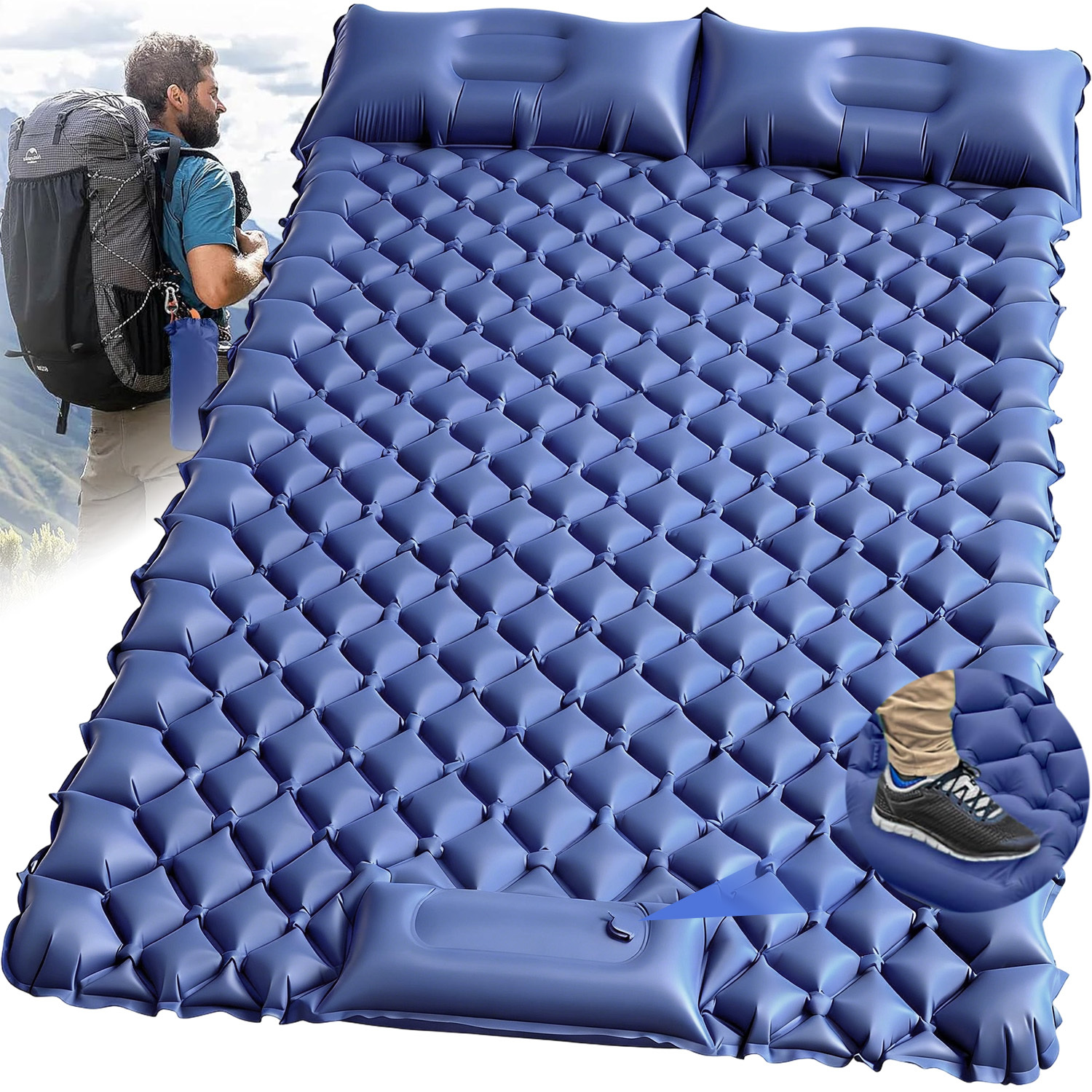 Image of Ultralight Inflatable Sleeping Pad For Camping, Featuring A Double Design, Built-in Pillow, And Foot Pump, Perfect For Backpacking And Hiking