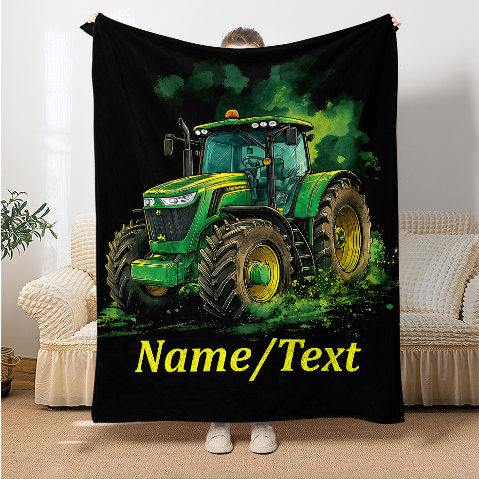 

1pc Customizable Tractor Flannel Throw Blanket - Personalized Name & Text, Soft Warm Lightweight Polyester Fabric, Ideal For Sofa, Bed, Office, Camping, Travel - Versatile Holiday Gift For