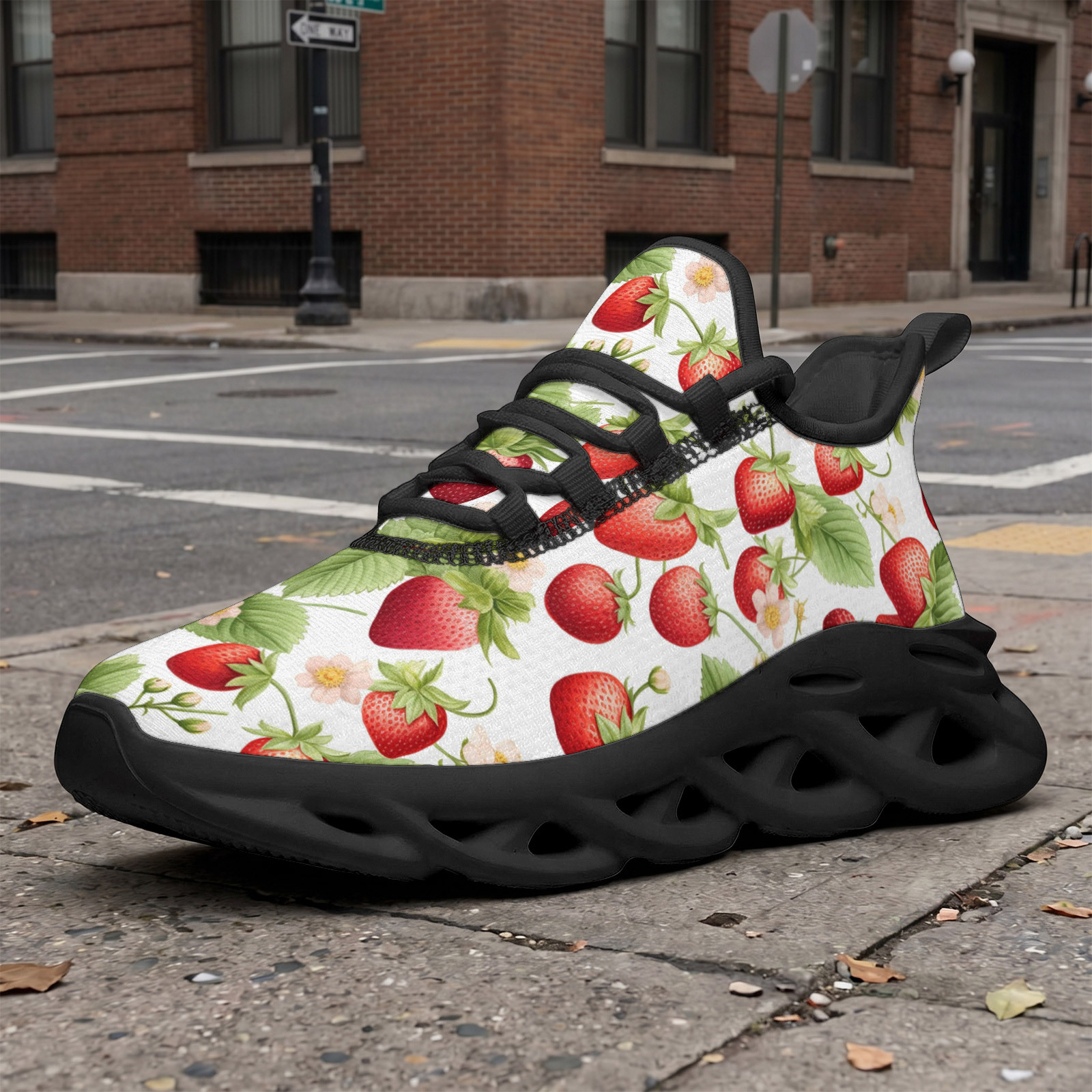 TEMU Coolcustomize Women's Wide Fit Breathable Sneakers With Strawberry & Flower Pattern - Low- Toe Lace-up Sneakers, Cushioned Sole Suitable For