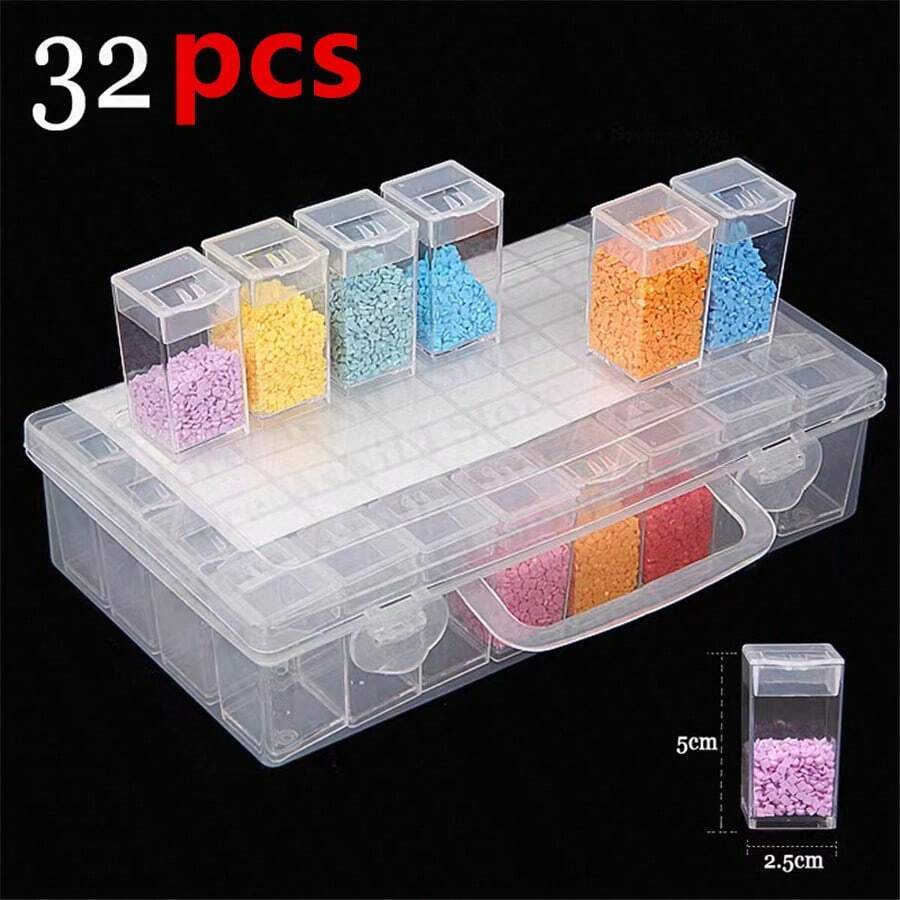 

1 Large Storage Box With 32 Or 64 Clear Jars, Organizing Diamond Painting Supplies, Including Beads, Rhinestones, Glass Beads, And Components.