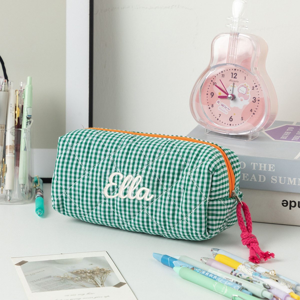 TEMU Estuche para lápices bordado con personalizado - Estuche para lápices acolchado a cuadros, estuche de almacenamiento de papelería de gran
