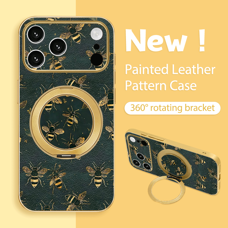 TEMU Phone Case: New Metallic Paint Uv Printed Phone Case With 360Â° Rotating Ring Stand, Black And Golden Full-coverage Bee Pattern For Iphone