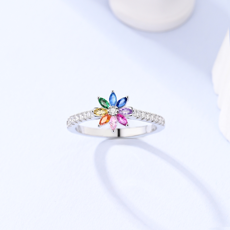 Women's 925 Silver Elegant Hopeful Rainbow Flower Ring