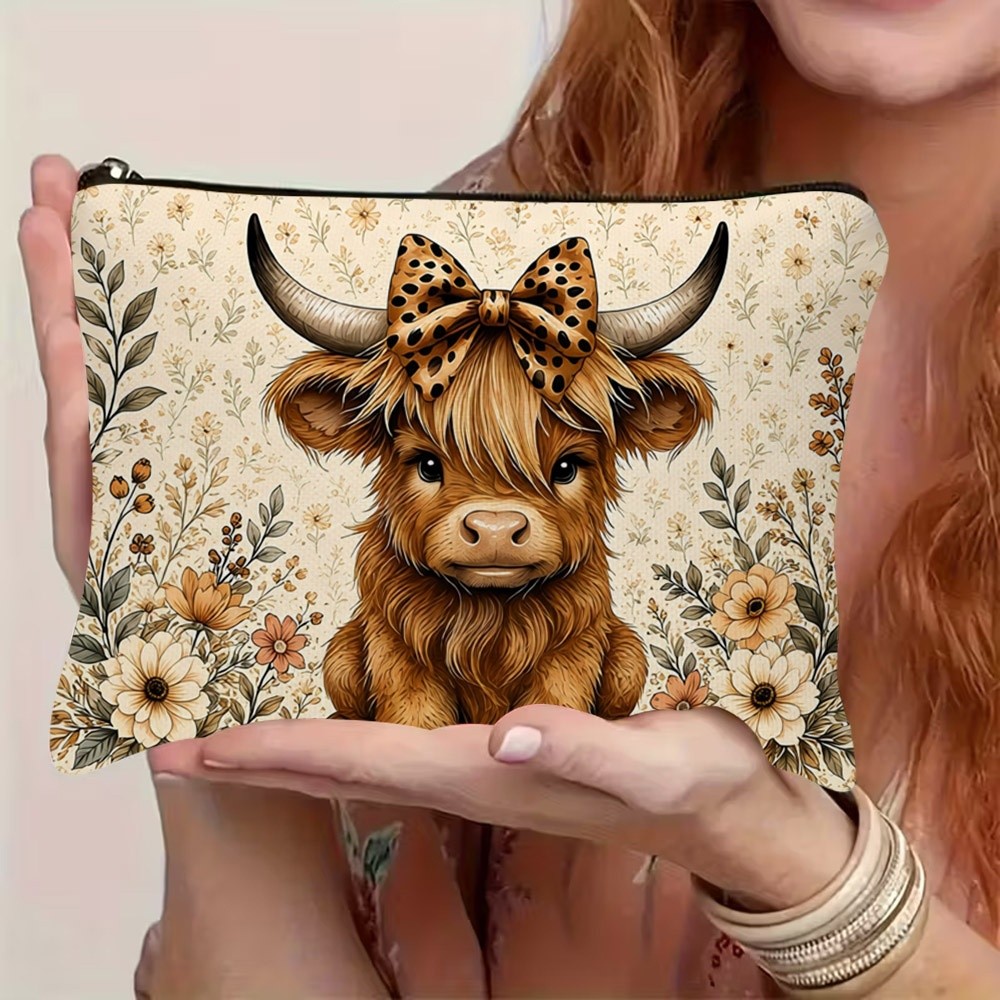 TEMU Cute Highland Cow Illustration Makeup Bag - Zippered Large Capacity Organizer, Travel And Vacation - Cosmetic And Toiletry Organization - Women