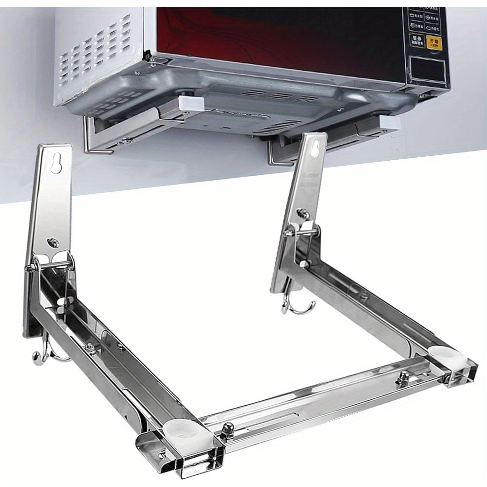 Image of Microwave Holder Wall Mount For Microwave Silvery 22 X 22 X 29.5cm Max 1.16kg Load Capacity Stainless Steel Telescopic Construction With Hook Universal
