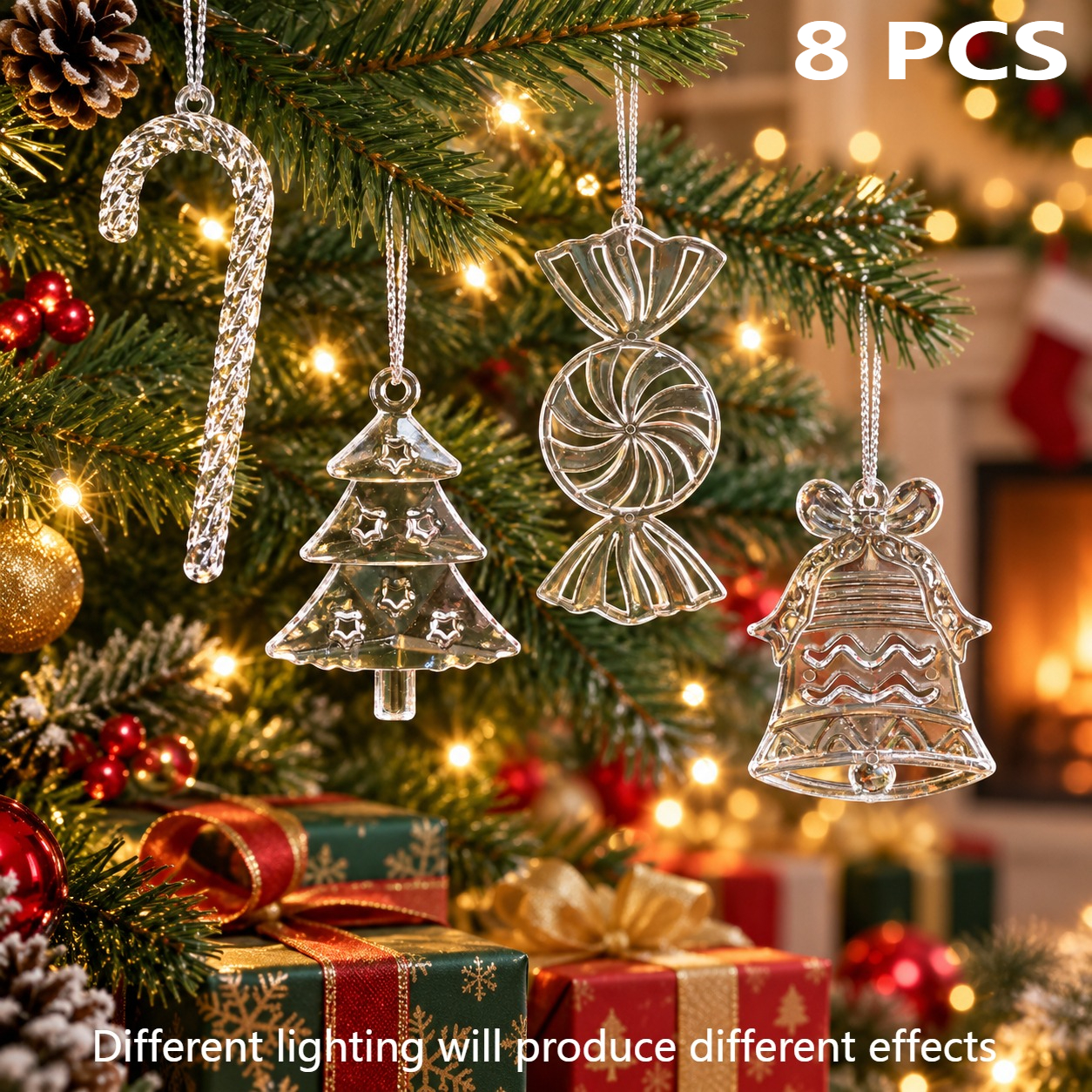 TEMU 8pcs Christmas Transparent Christmas Tree Crutch Bell Candy Ornaments Decoration, Hanging Christmas Bell Icicle Clear Acrylic Ornament Sets For