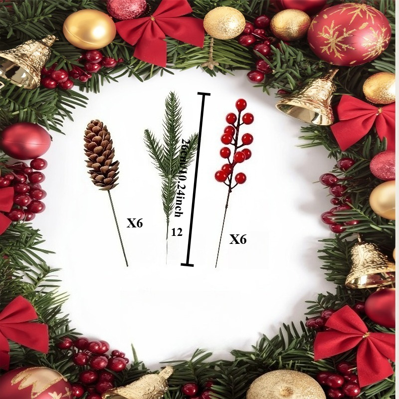 TEMU 24pcs Christmas Decorations, Artificial Pine Needles, Artificial Pinecones And Artificial Red Berries Bouquet, Suitable For Home Decor, Kitchen