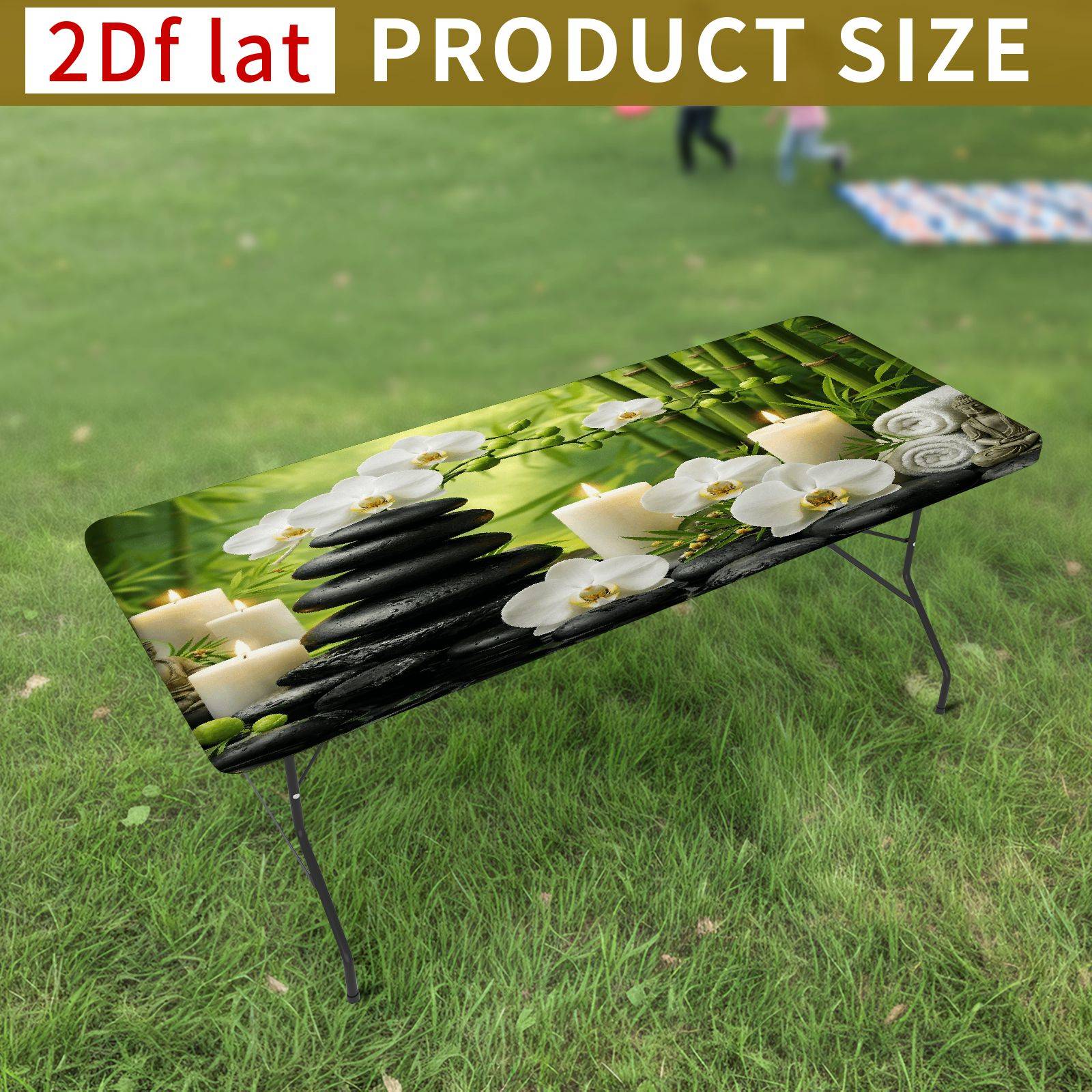 TEMU 1pc Zen Bamboo Flute Orchid Stretchable Washable Tablecloth, Summer Outdoor Tablecloth, Durable Polyester Material, Suitable For Rectangular