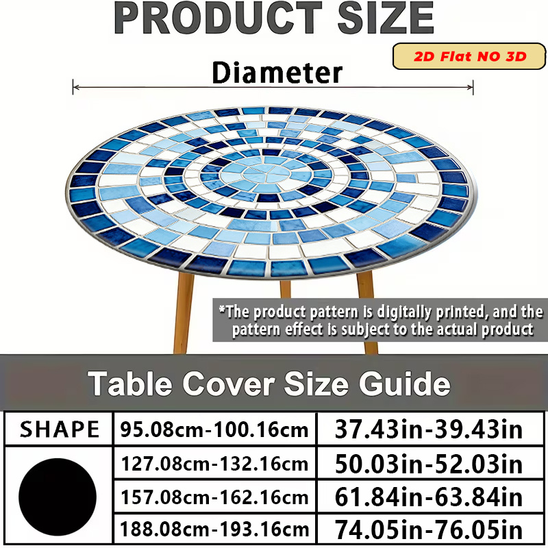 TEMU 2d Flat, 1pc Elastic Tablecloth Blue Mosaic Tile Pattern Elastic Polyester Stretch Tablecloth Round Cover Design, Polyester Circular Tablecover
