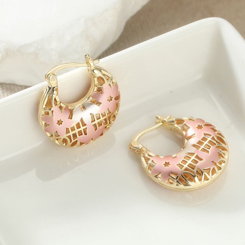 Women's Retro Three-Tone Hollow Flower Hoop Earrings