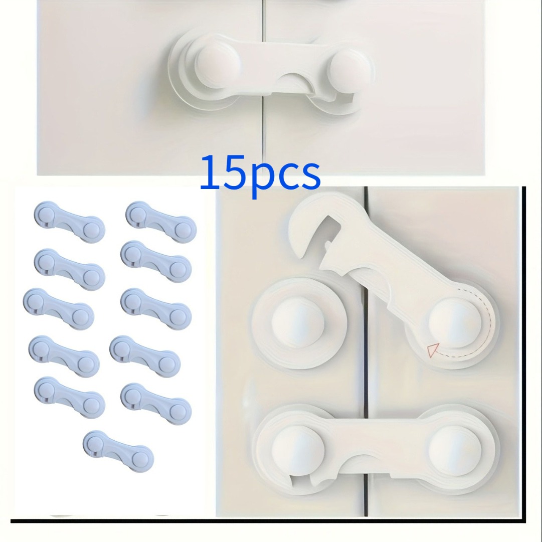 TEMU 15pcs White Plastic Safety Buckles, No-drilling Adhesive Installation. Suitable For Refrigerators, Cabinets, Pantry Doors, Drawers And Sliding