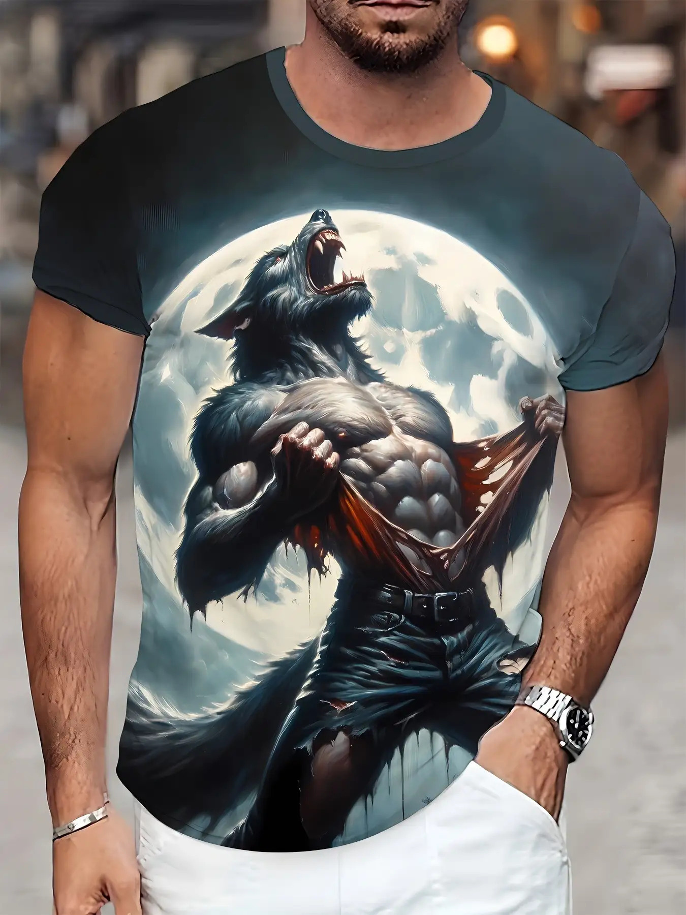 mens 3d wolf graphic tee   muscle wolf   realistic teeth eyes soft polyester shirt for gym halloween cosplay machine washable crew neck top for men halloween costume   print durable material short sleeve tshirt costume   size mixed color 0