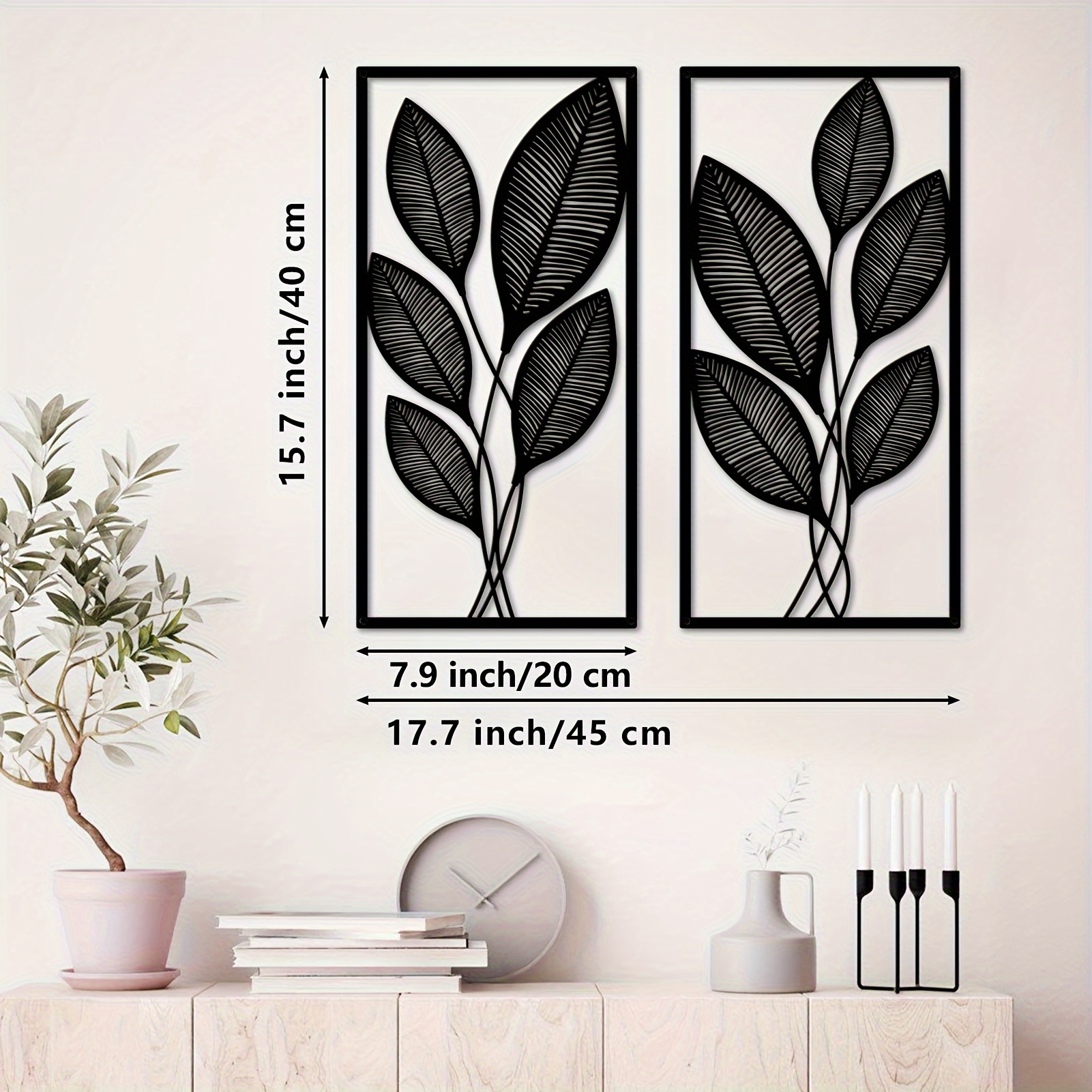 TEMU Set Of 2 Elegant Metal Leaf Wall Art, Black Art Wall Sculptures, Light Luxury Hollow Iron Artwork, 2pcs Living Decor Home Decoration Set, 7.9" W