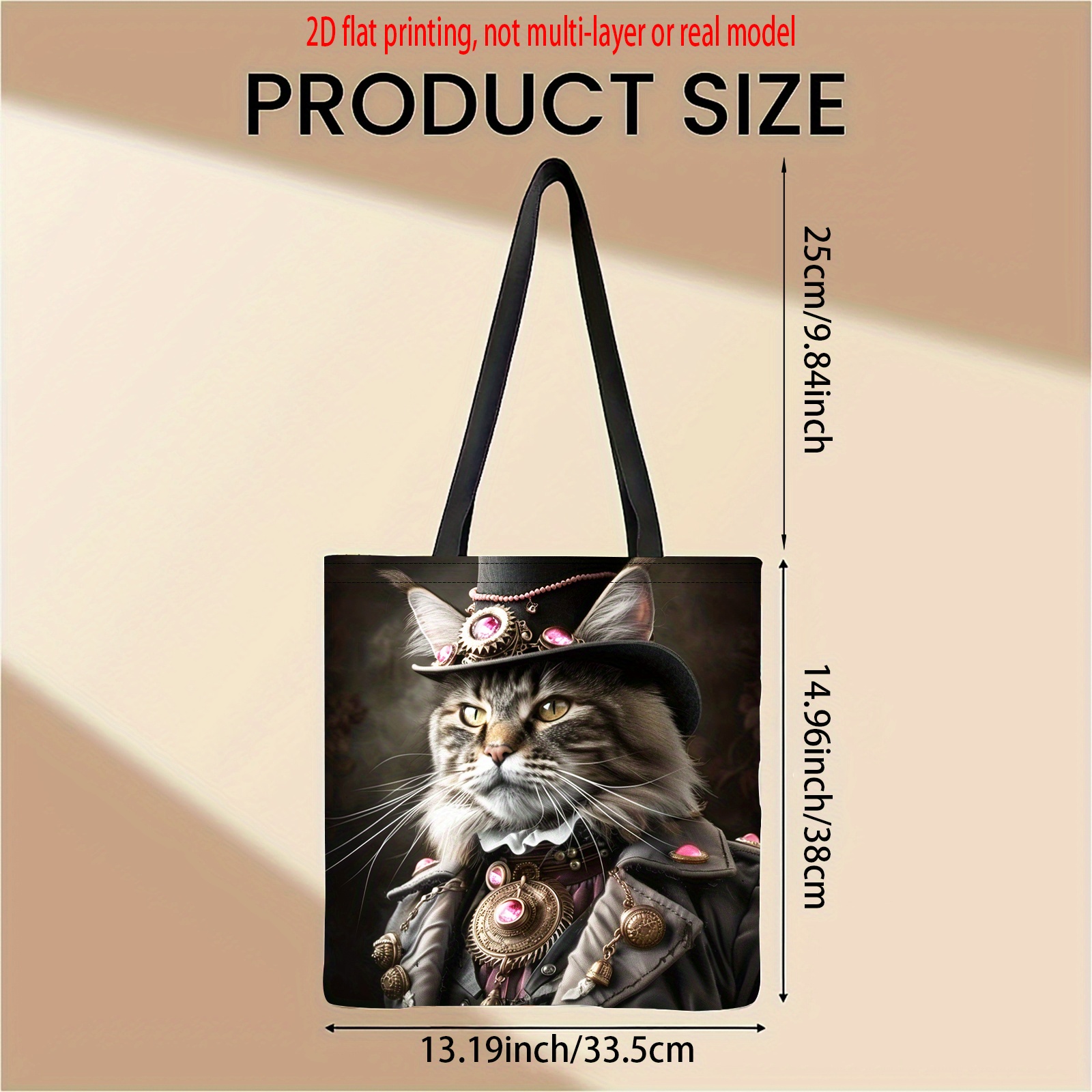 TEMU 1pc Vintage-style Maine Coon In Steampunk Costume Tote Bag - 2d Flat Print, Polyester, No-closure Handbag For, Shopping, Daily Chores & Outdoor