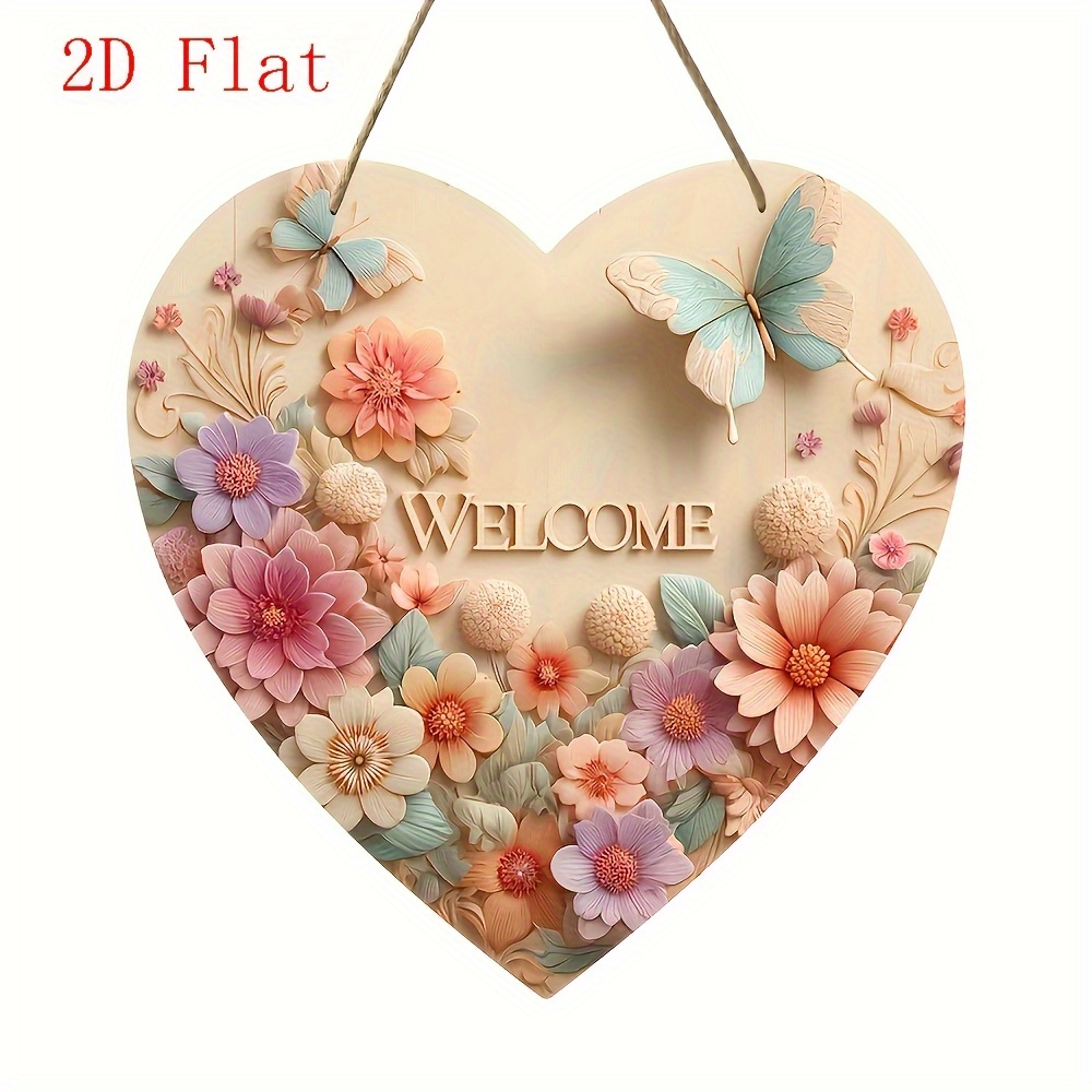 TEMU 2d Flat - Customizable Heart-shaped Sign In 2d Flat Design Featuring Flowers And Butterflies - A Decorative Piece Made Of Artificial Wood For