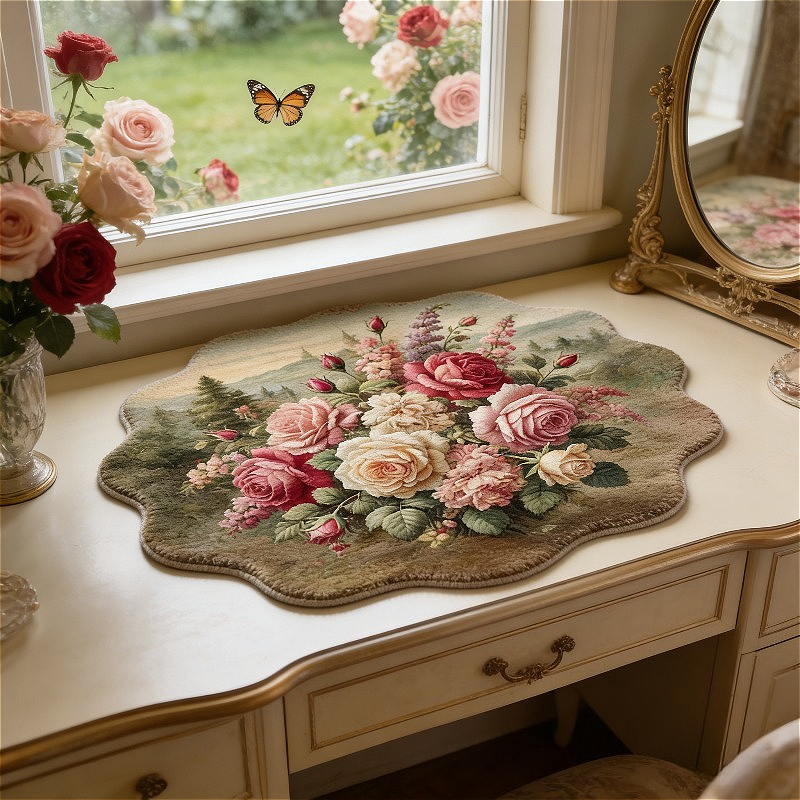 TEMU 900g Faux Cashmere   9mm 1pc 2d Painting Rug, Light Luxury Retro Rose Pattern Living Room Decorative Sofa Carpet, French Pastoral Style Bedroom