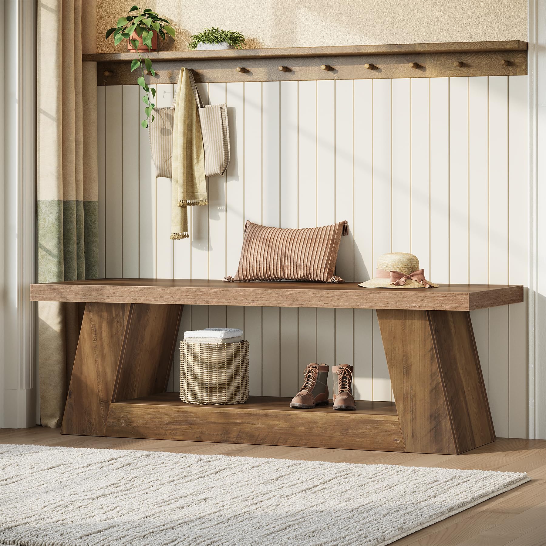 Image of 63' Wooden Entryway Bench With 2-tier Storage Shelf, Rustic Extra Long Narrow Seating Bench For Hallway, Living Room, Bedroom And Kitchen